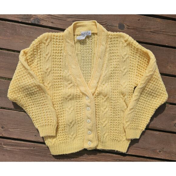 Vintage HEIDI Knit Cardigan Sweater Womens Small Yellow Acrylic Button Granny - Picture 1 of 6